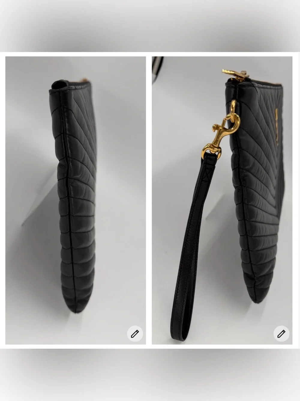 Saint Laurent Black Chevron Leather Wristlet/Clutch w/Gold YSL Logo Entrupy COA
